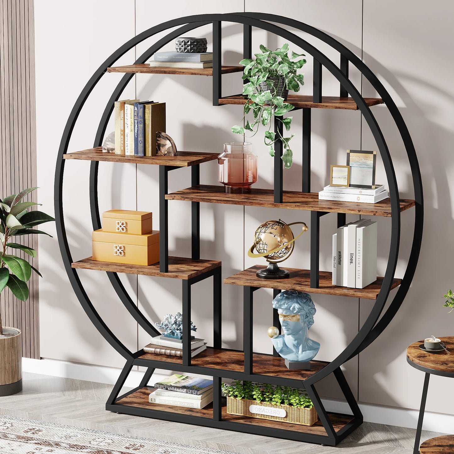 Round Wood Bookshelf with Staggered Shelves