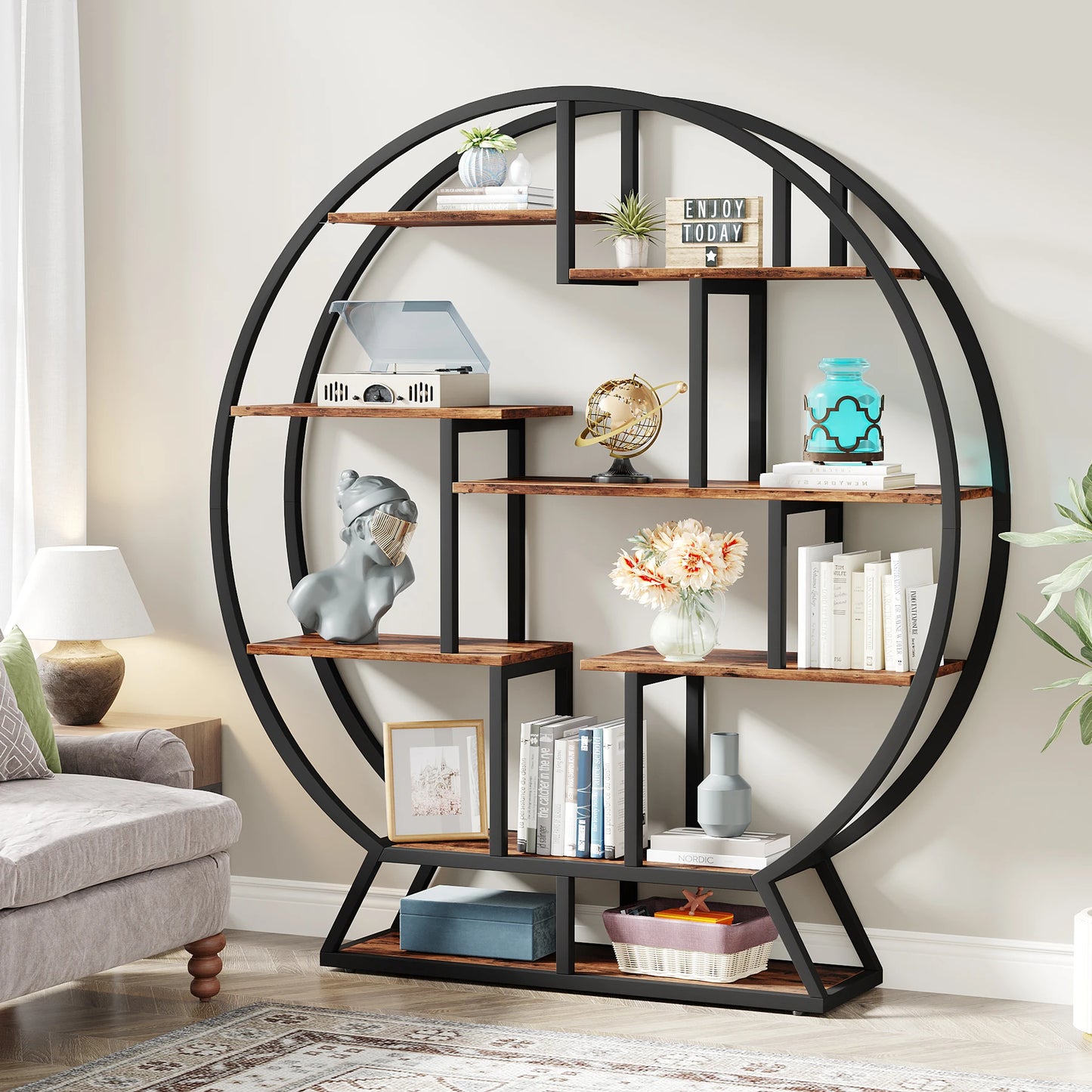 Round Wood Bookshelf with Staggered Shelves