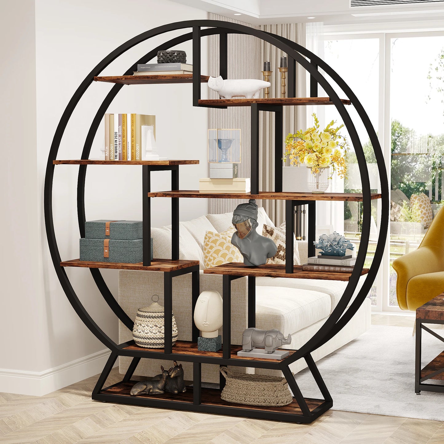 Round Wood Bookshelf with Staggered Shelves