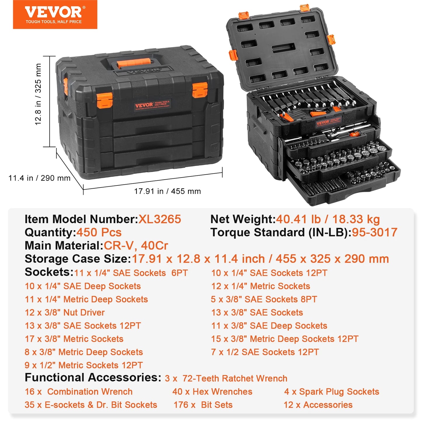Mechanics Tool Set and Socket Set 450 Pcs 1/4" 3/8" 1/2" Drive Deep and Standard Sockets
