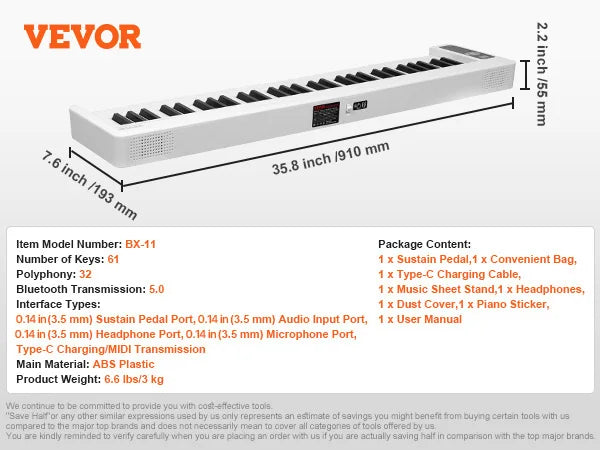 61 or 88 Key Folding Keyboard Piano