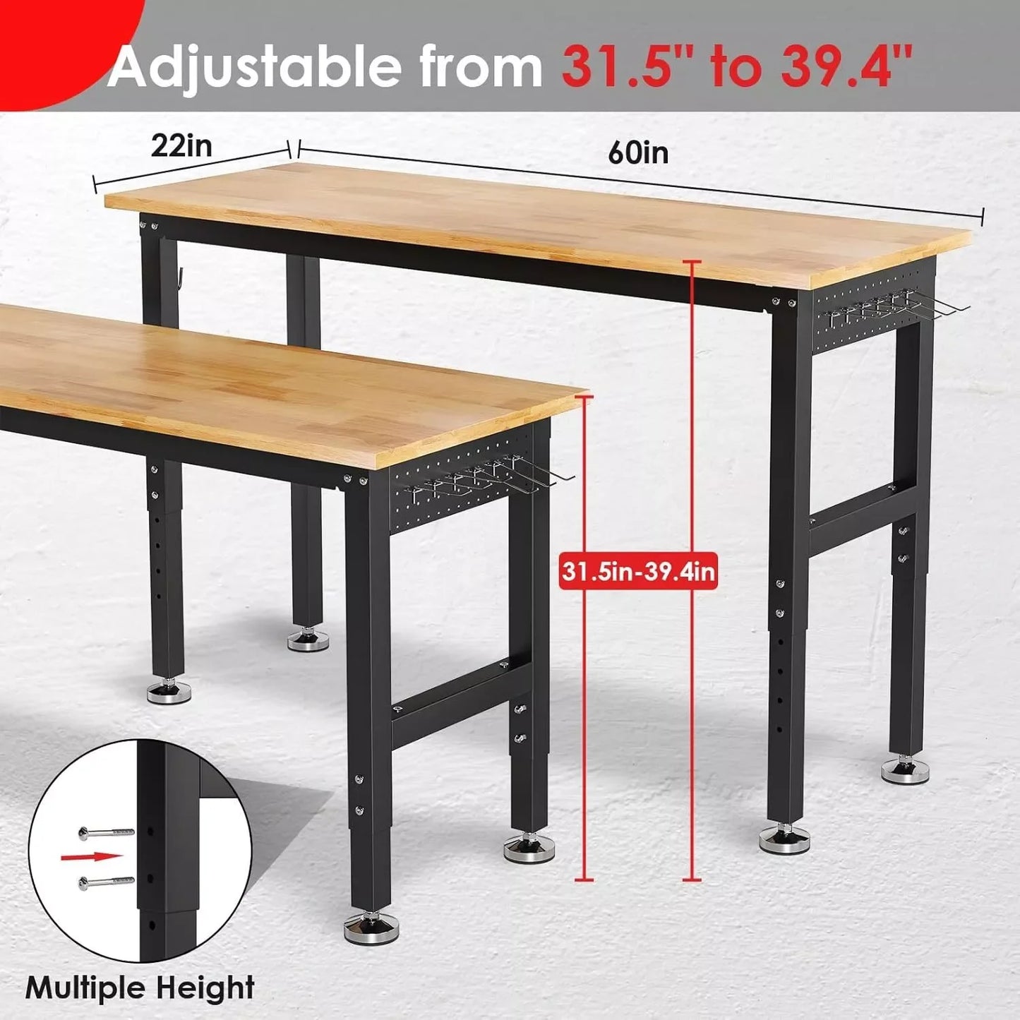Adjustable Work Bench w/ Power Outlet & Pegboard
