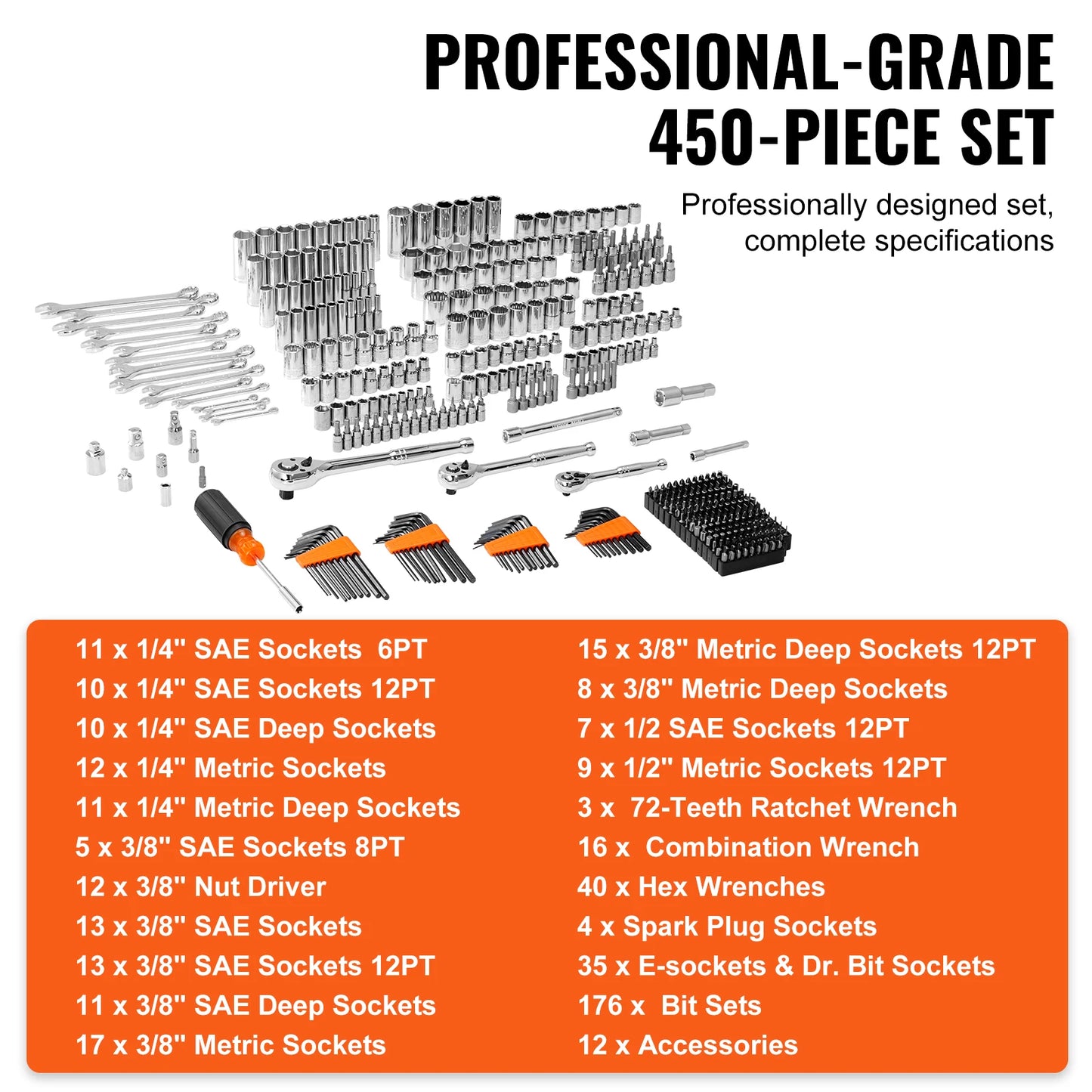 Mechanics Tool Set and Socket Set 450 Pcs 1/4" 3/8" 1/2" Drive Deep and Standard Sockets