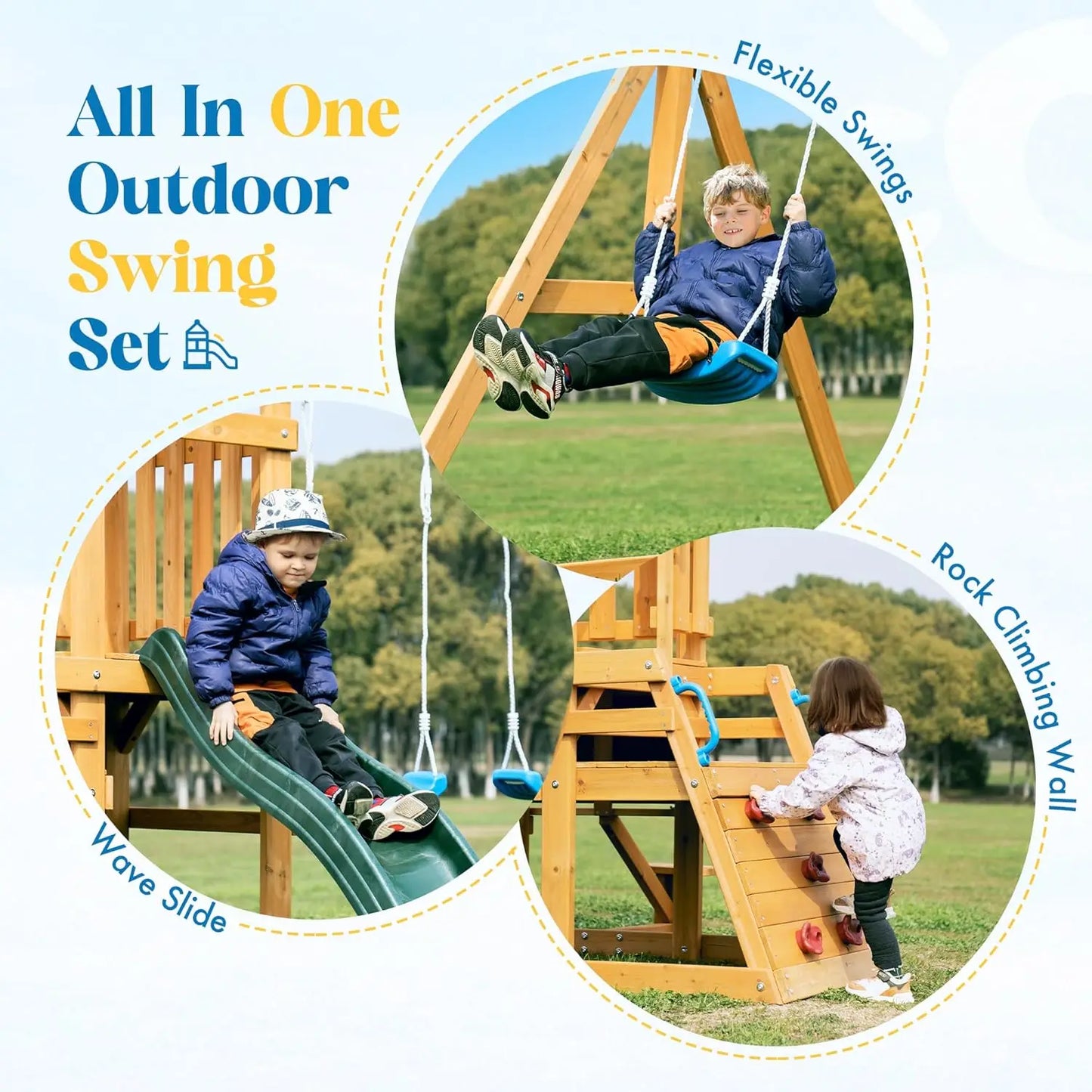 Wooden Swing Set with Play Area