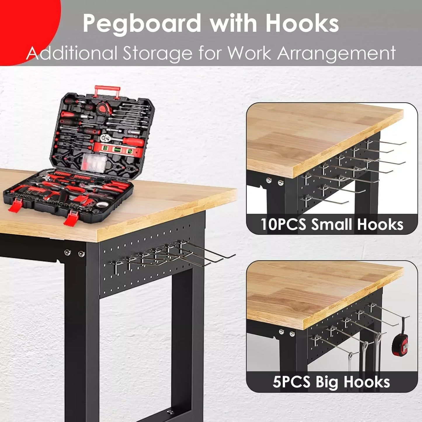 Adjustable Work Bench w/ Power Outlet & Pegboard