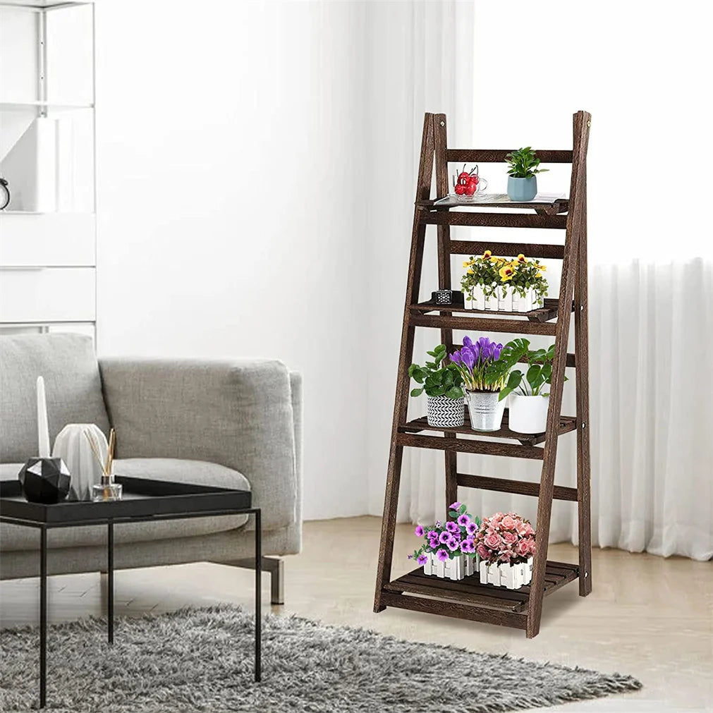 Folding 4-Tier Wooden Ladder Shelf