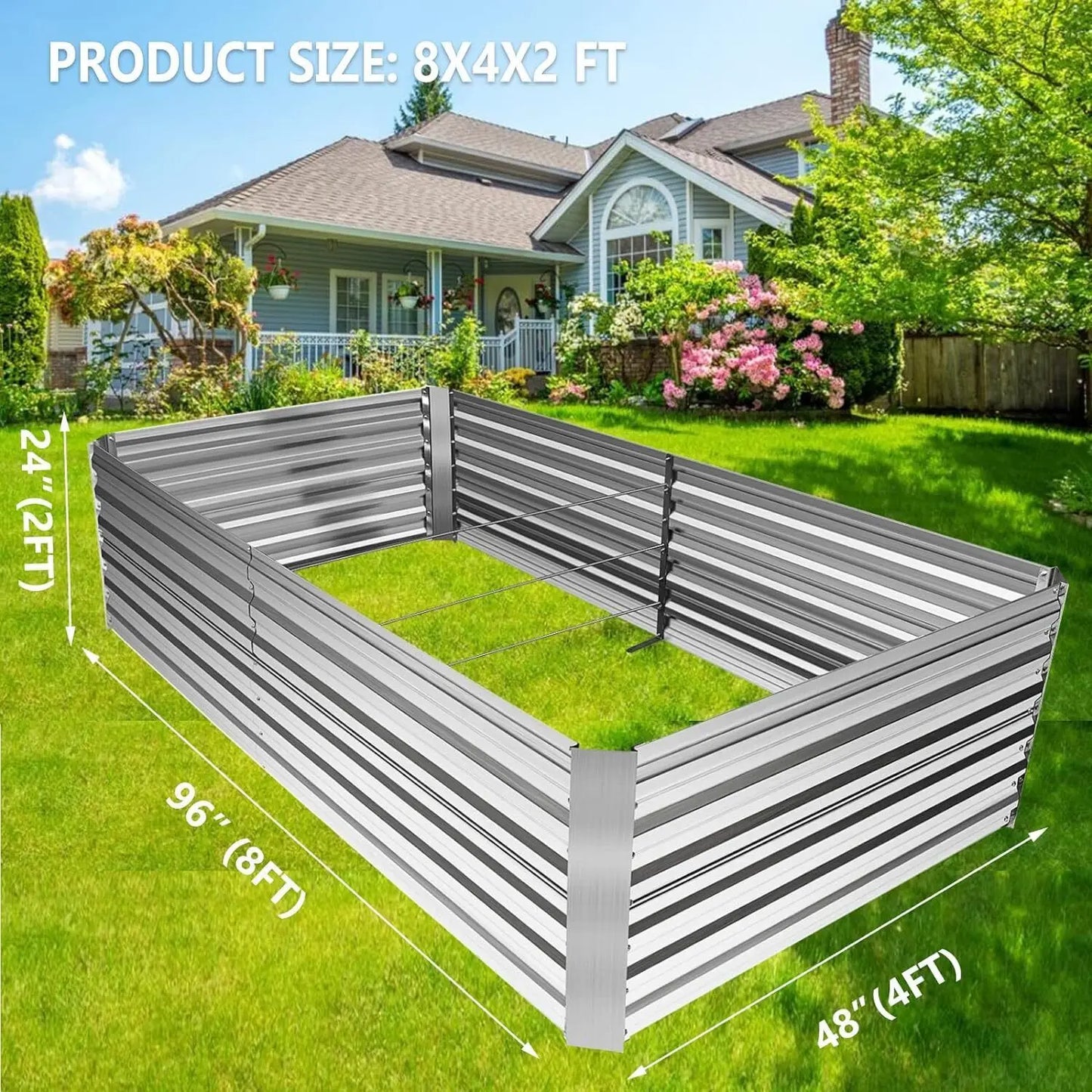 8x4x2ft Galvanized Garden Raised Bed Outdoor Planter Box
