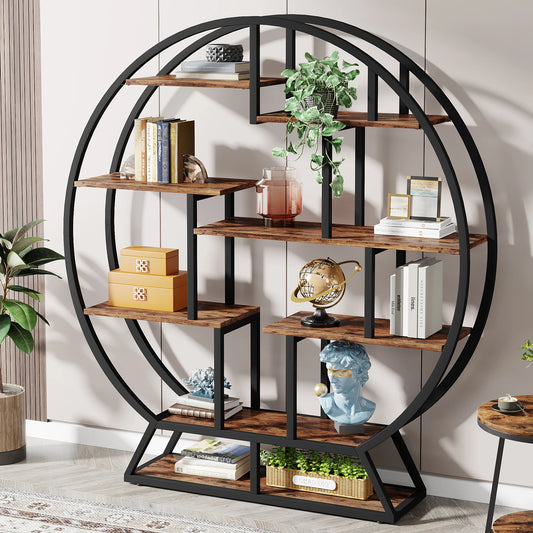 Round Wood Bookshelf with Staggered Shelves