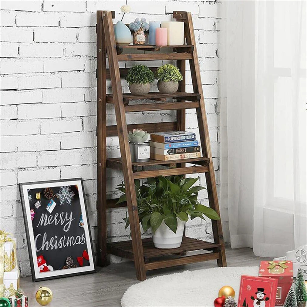 Folding 4-Tier Wooden Ladder Shelf