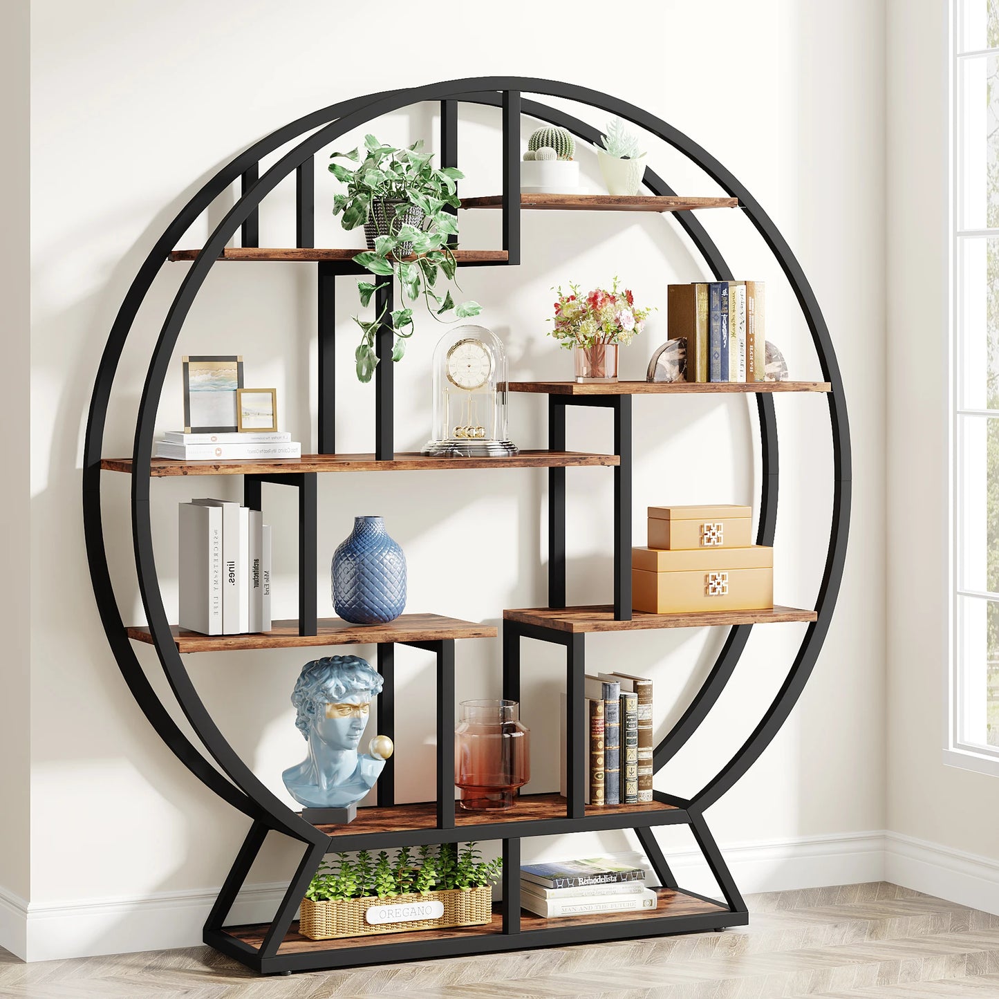 Round Wood Bookshelf with Staggered Shelves