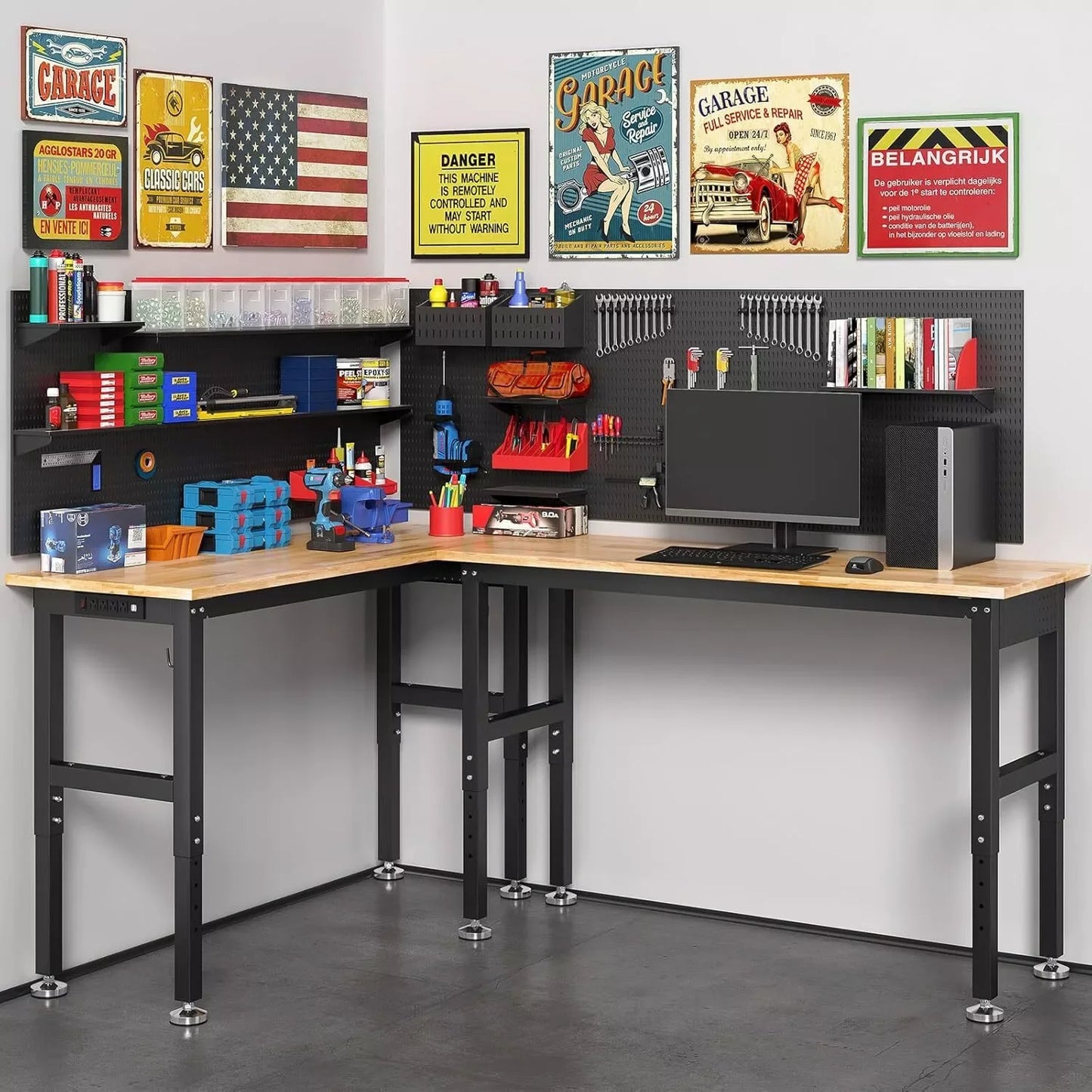 Adjustable Work Bench w/ Power Outlet & Pegboard