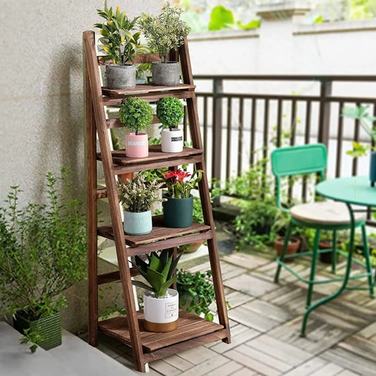 Folding 4-Tier Wooden Ladder Shelf
