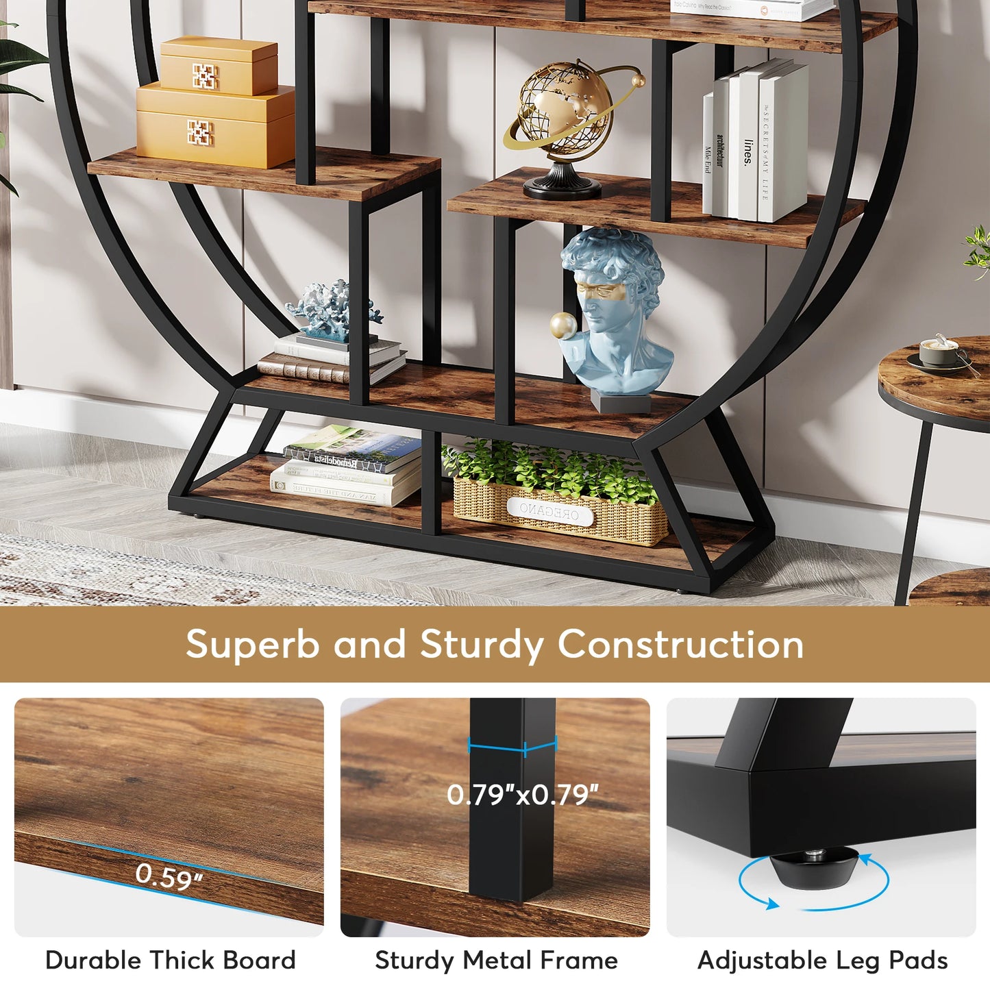 Round Wood Bookshelf with Staggered Shelves